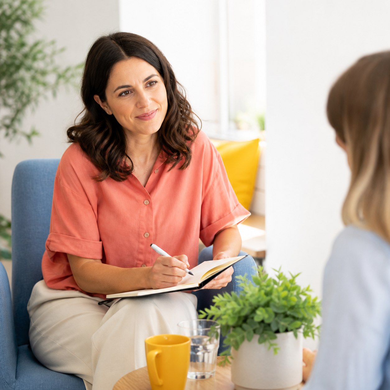 Consultora escuchando y tomando notas durante una conversación de trabajo